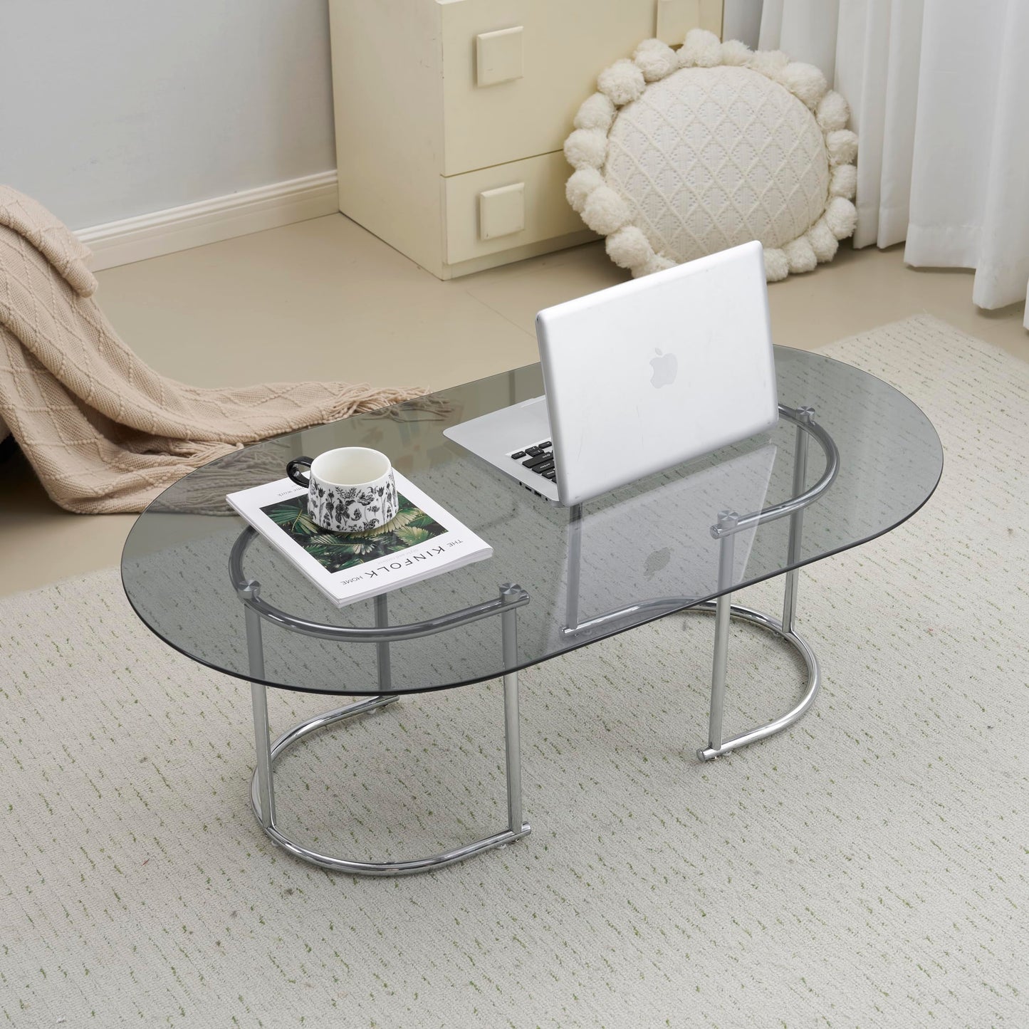 OSJ Low Table, Easy Assembly, Glass Table, Tempered Glass, Stylish, Living Alone, Cute, Steel Legs, Modern