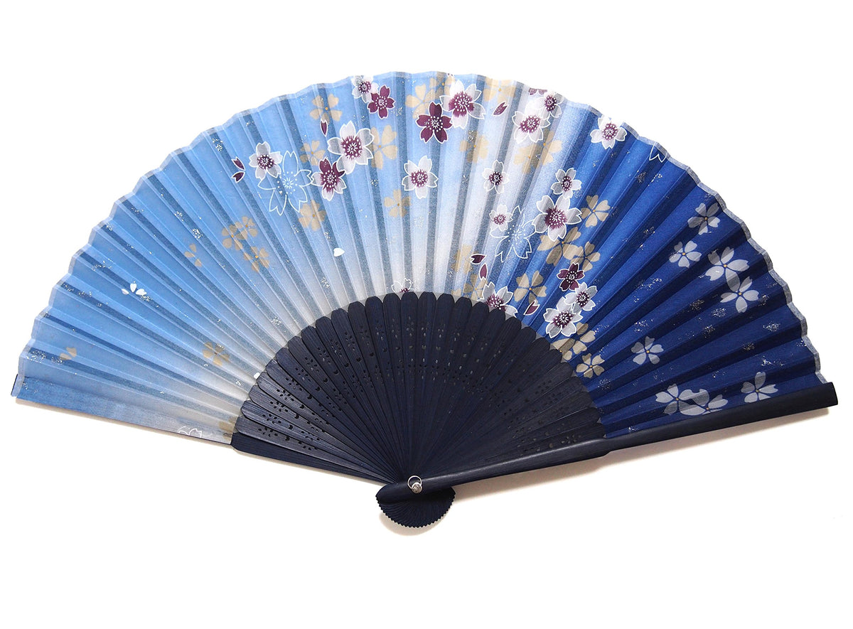 121050 Handmade Women's Silk Fan, 8.3 inches (21 cm), 30 Pieces, Flowing Cherry Blossom, Blue (Glitter)