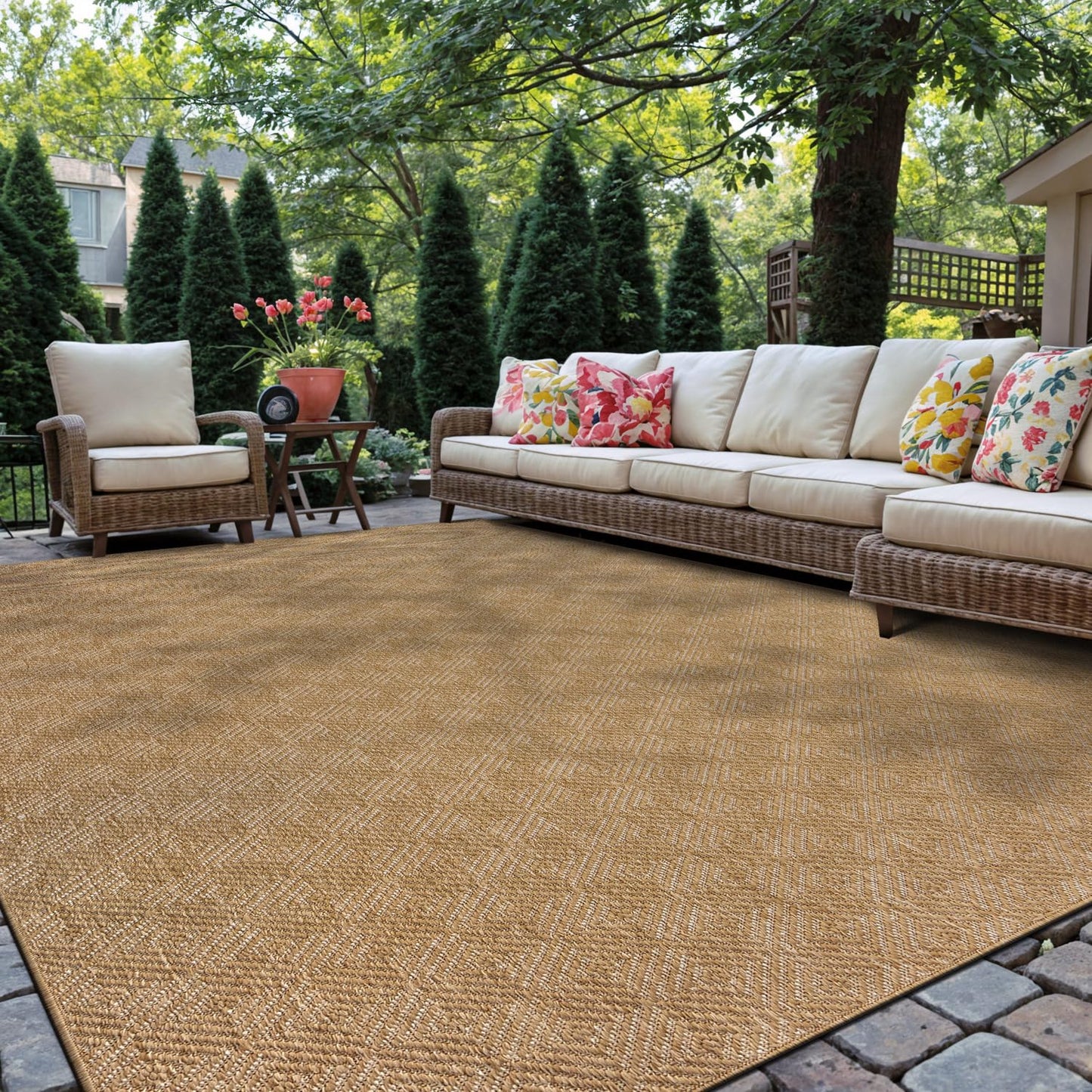 Rugshop Contemporary Geometric Area Rug for Patio, Deck Natural 5' x 7'
