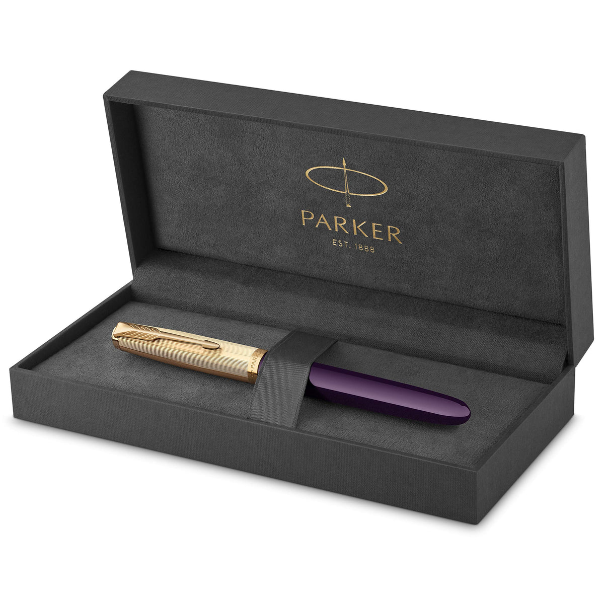 Parker 51 Deluxe Fountain Pen with Plum Barrel and Gold-Plated Attributes and Medium Nib in 18 Carat Gold with Black Ink Cartridge in Gift Box