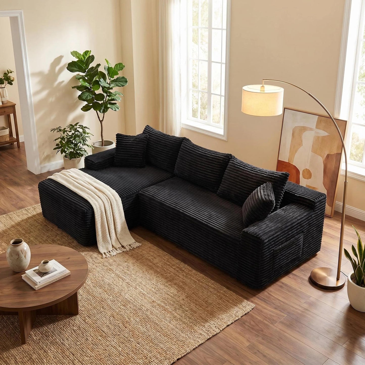 95" L-Shaped Cloud Sectional Couch, Left Facing Modular Compressed Boneless Sectional Sofa with Chaise Lounge, Plush Corduroy Boneless Corner Sofa for Living Room