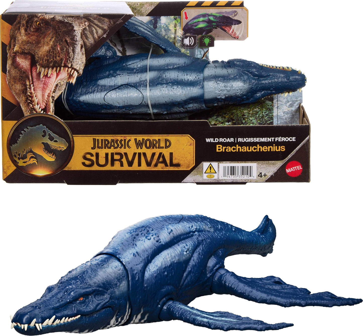 Mattel Jurassic World Wild Roar Brachauchenius Dinosaur Action Figure Toy with Chomp Attack, Light Up Feature & Roar Sound, Scan Code for Digital Play