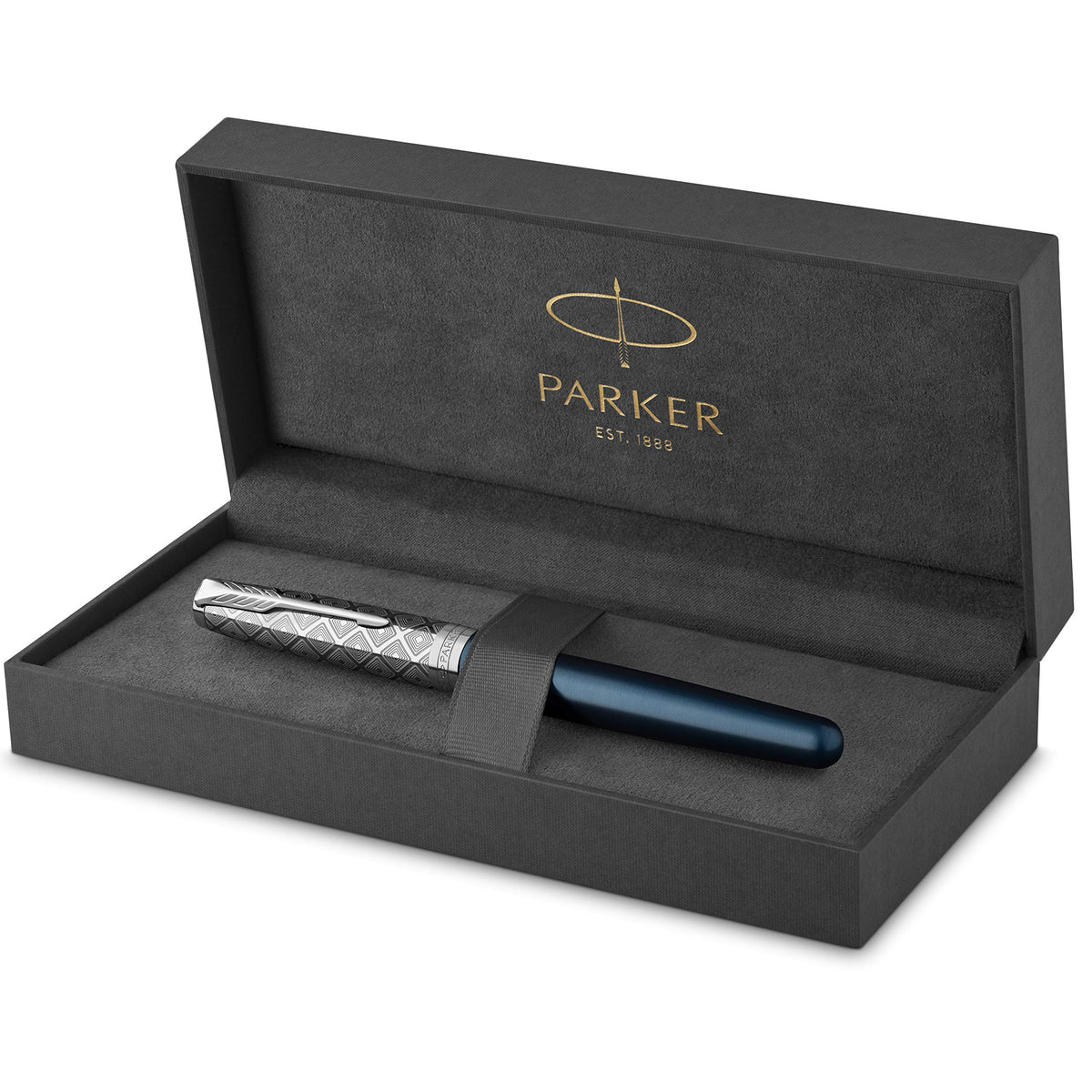 PARKER Sonnet Fountain Pen | Premium Metal and Blue Satin Finish with Chrome Trim | Medium 18k Gold Nib with Black Ink Cartridge | Gift Box