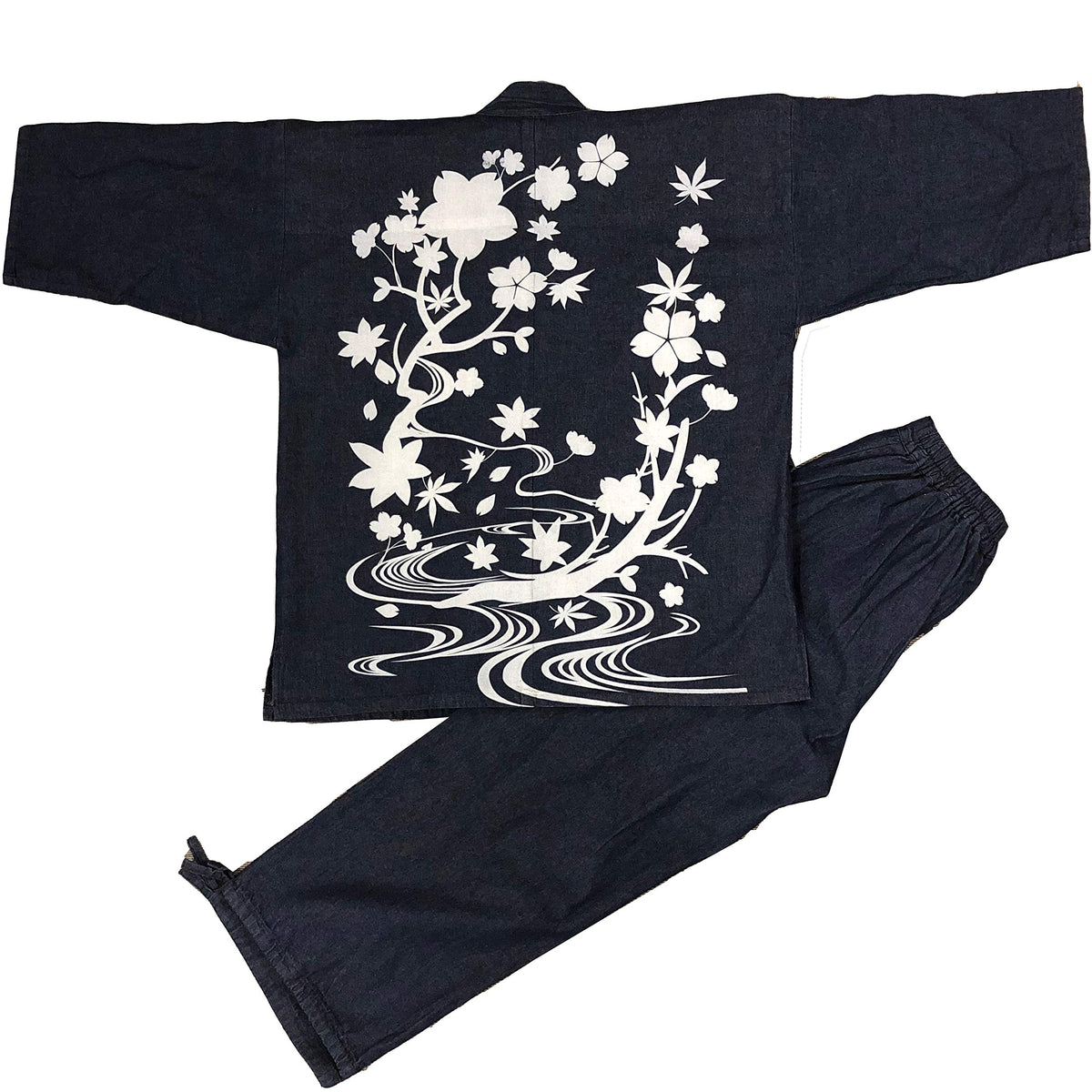 Edoten Men's Japan Denim Samue Pattern printed XL.Navy Sakura and River 103.