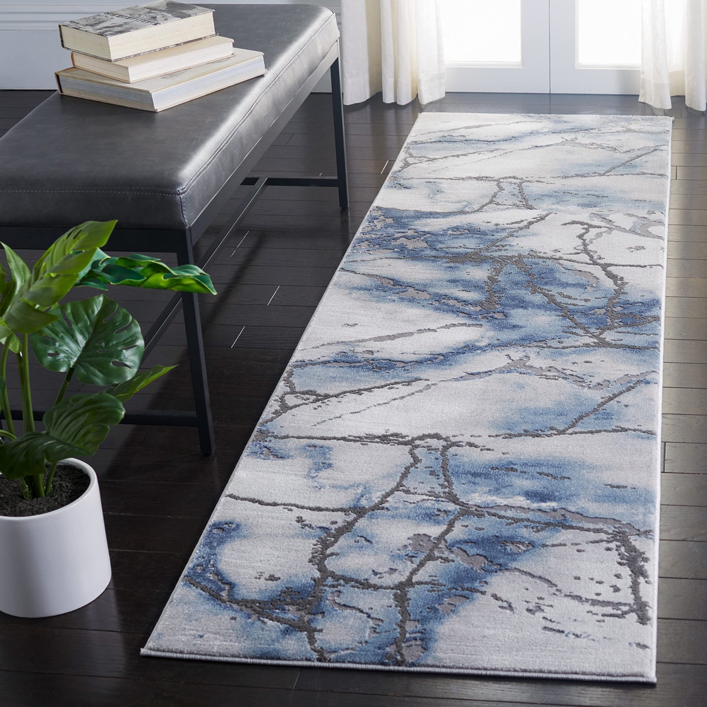 SAFAVIEH Craft Collection Runner Rug - 2'3" x 16', Grey & Blue, Modern Abstract Design, Non-Shedding & Easy Care, Ideal for High Traffic Areas in Living Room, Bedroom (CFT877L)