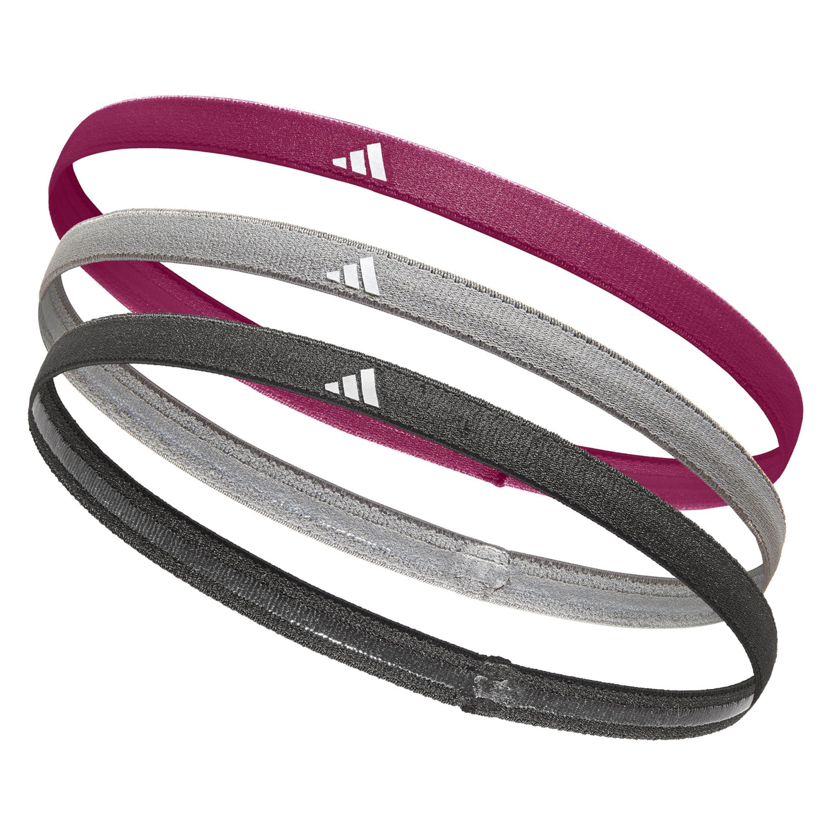 adidas Sports Hair Bands (3 Pack), Black, Grey, Power Berry