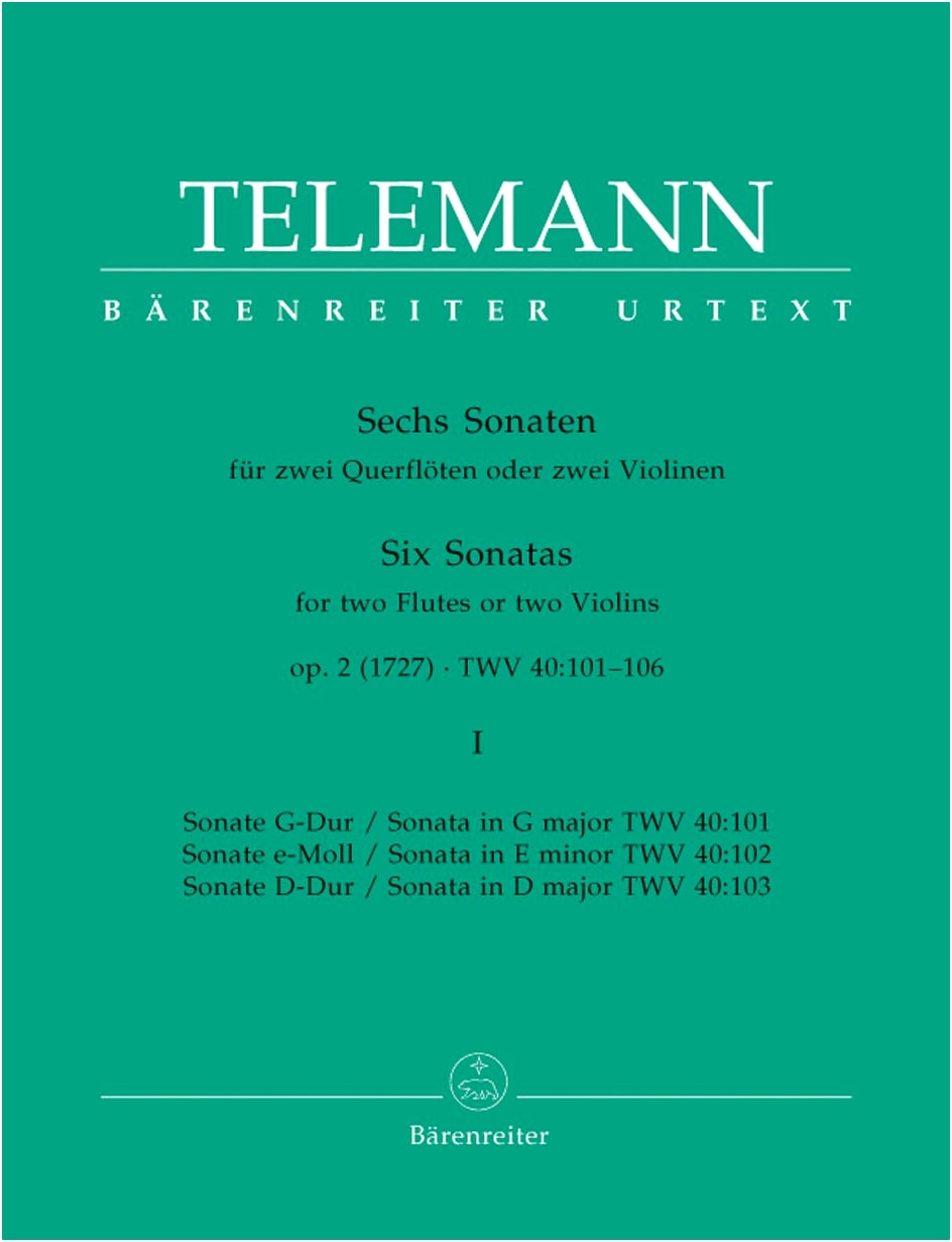 Telemann: 6 Sonatas Op.2, Vol. 1, TWV 40/101,102,104 for 2 Flutes (Urtext Edition)