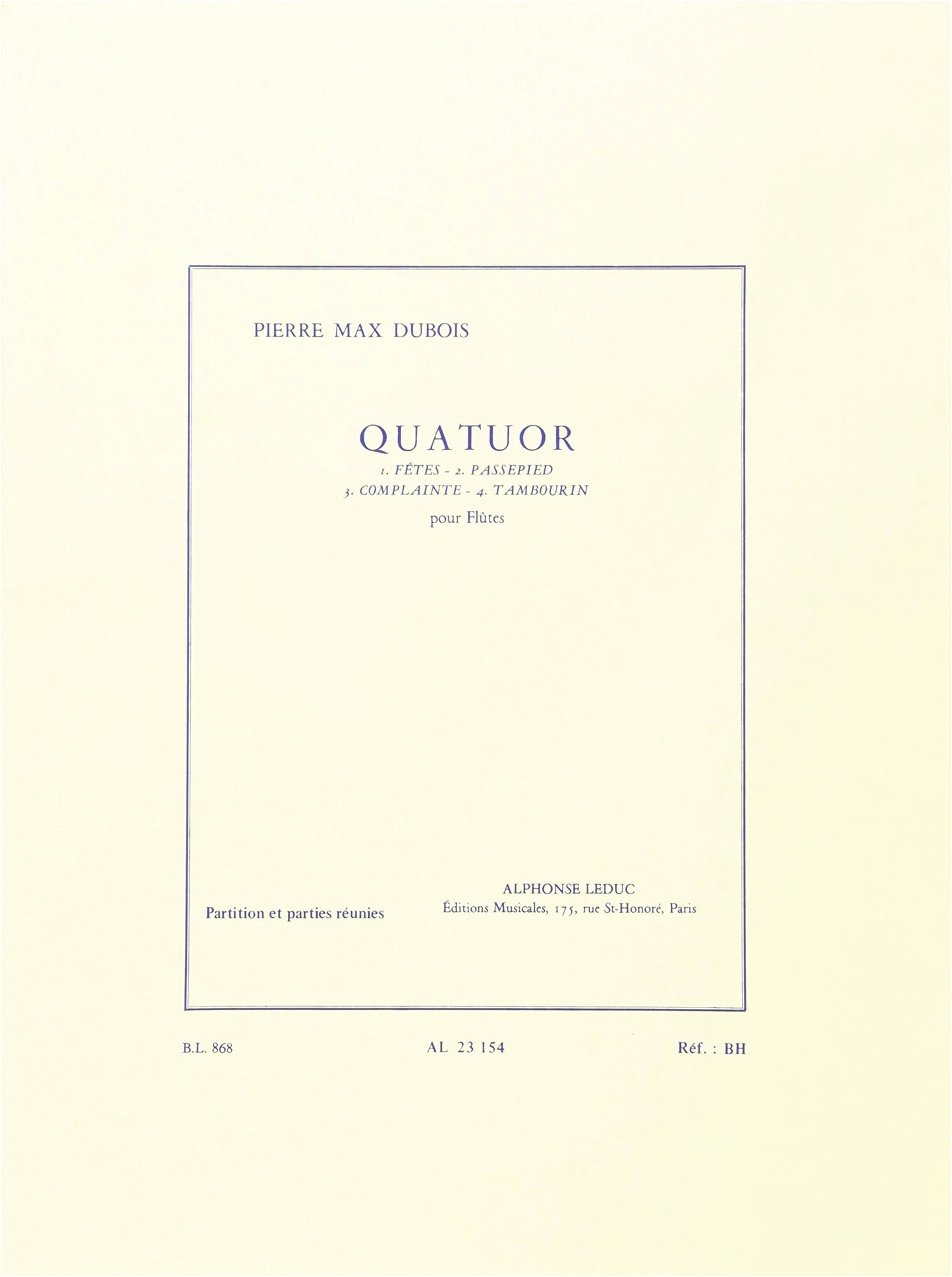 Dubois: Flute Quartet / Leduc Edition / For 4 Flutes